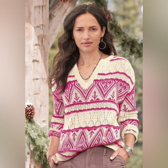 Sundance Brixen Fair Isle V-Neck Sweater Size M Wool Blend Pointelle Pink White - Picture 1 of 16